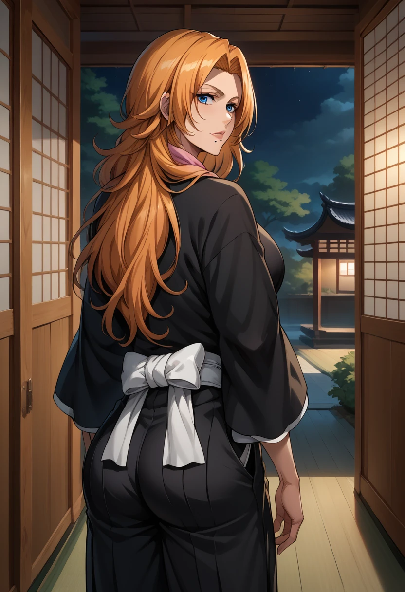 score_9, score_8_up, score_7_up, BREAK, score_9, EPblMatsumoto, haori, long hair, orange hair, blue eyes, mole under mouth, black robes, black kimono, japanese clothes, pink scarf, white sash, black hakama pants, looking at viewer, cowboy shot, ass, from behind, dojo, night