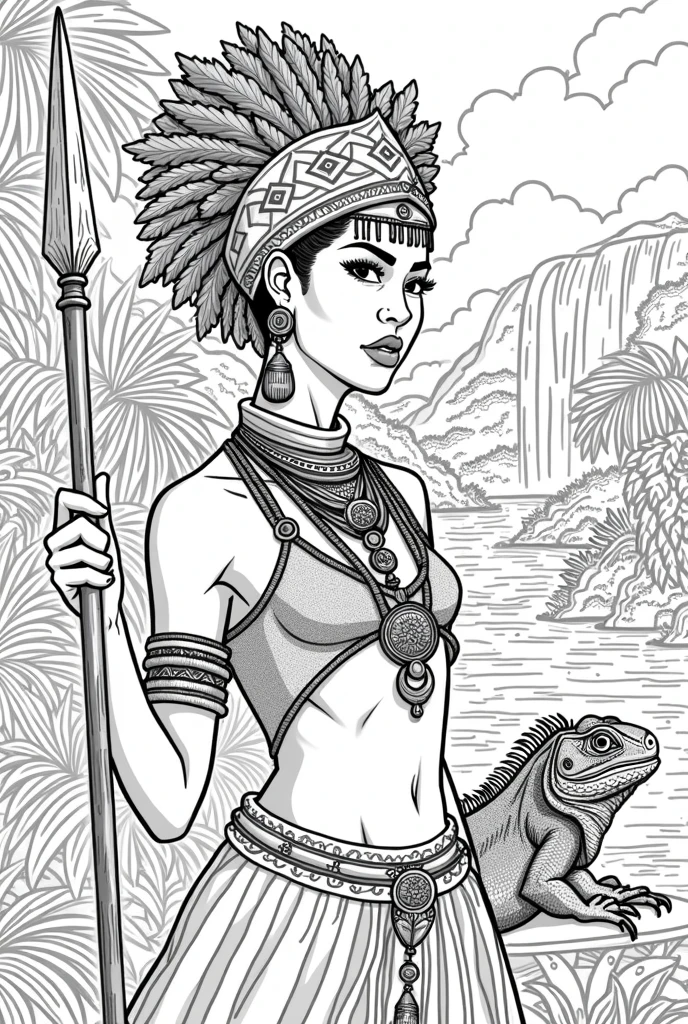  high-resolution line art coloring book page featuring the beautiful Black girl adorned with carib indian carib jewelry and a detailed headdress. The design highlights the patterns and textures, making it perfect for a coloring book., jungle, rivers, waterfal, african, Kalinago princess,  spear, kinky hair, , african,  with iguana pet