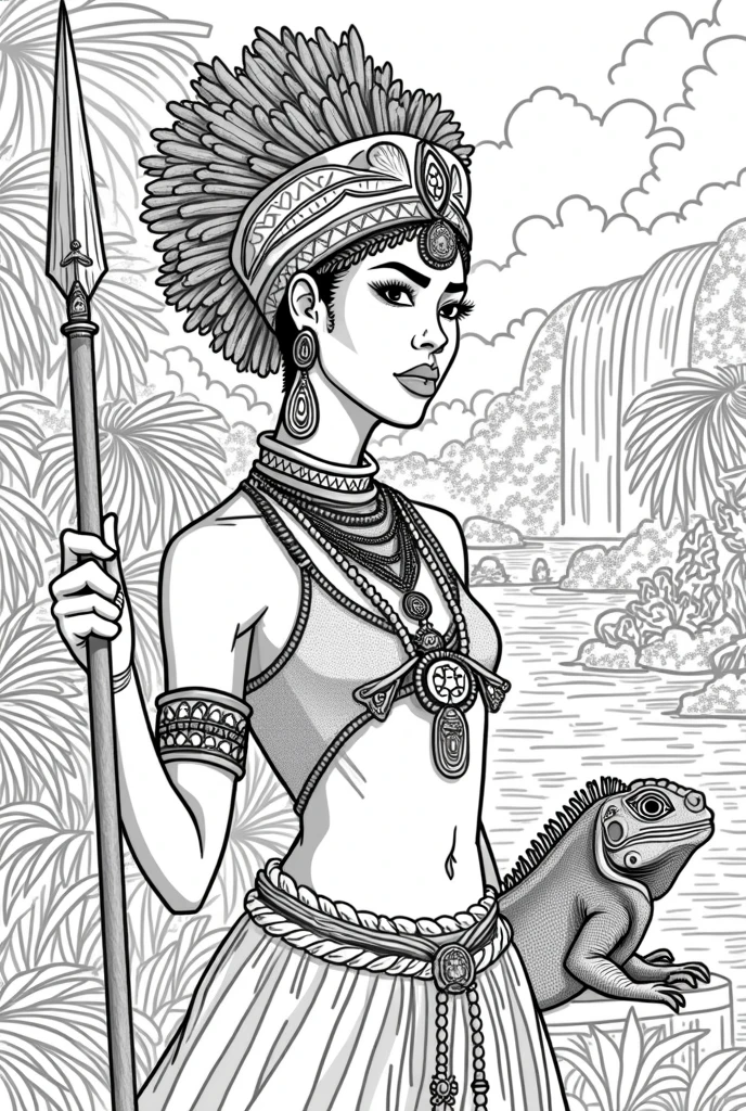  high-resolution line art coloring book page featuring the beautiful Black girl adorned with carib indian carib jewelry and a detailed headdress. The design highlights the patterns and textures, making it perfect for a coloring book., jungle, rivers, waterfal, african, Kalinago princess,  spear, kinky hair, , african,  with iguana pet