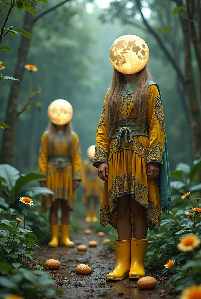 Viking women with the moon in place of their heads wearing yellow plastic galoshes in the Coxinha forest
