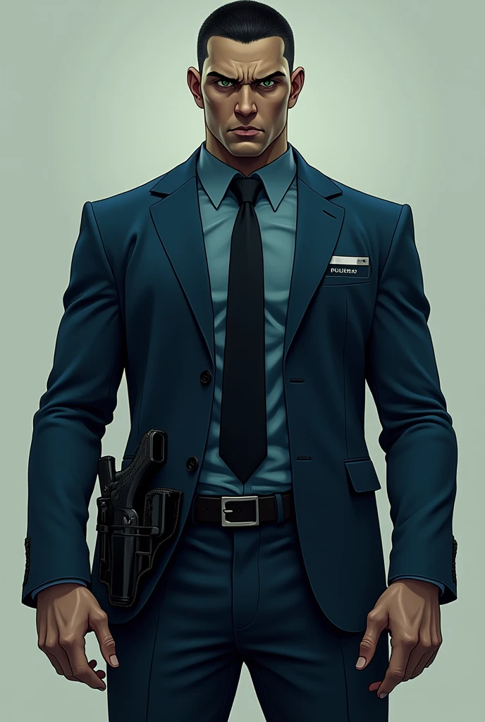 Create a mystery police man, de 1,90 meters, strong and slender, like an MMA fighter, with short black hair, upset, deep dark green eyes, with a suit fitted to the body, holster with two guns under the blue suit.