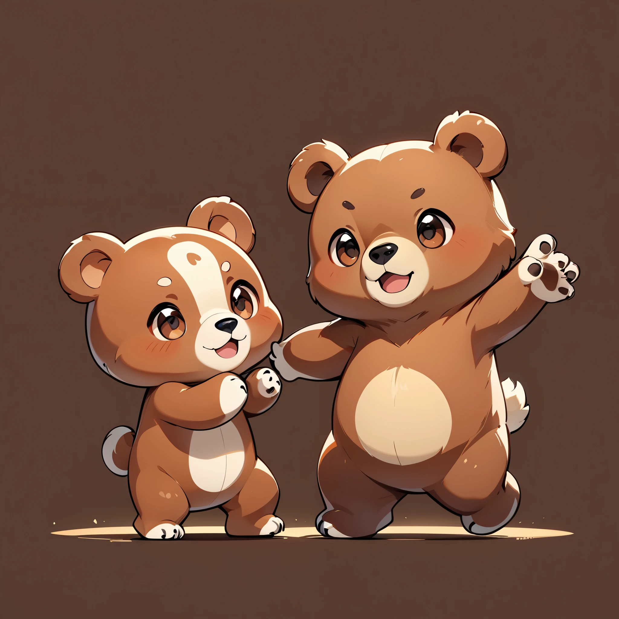 Chibi cute, Brown bear character, Dancing Bear, Deformation, 2 heads, Single color background, masterpiece:1.2