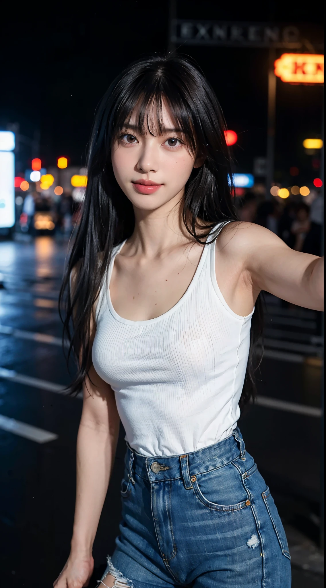 top-quality。8K-Picture。Ultra-high pixel。Rainy night on background。girl with。length hair。Wet in the rain。Wearing a white dress。The style is outstanding。(((small-breasted:1.8)))。tall、Slender but busty。One piece is also wet in the rain。No umbrella。Pain runs to the chest。Raindrops dripping from hair or clothes。Cloudy look with a slightly disgusted face。The headlights of a car driving on a side street illuminate half of the car body。Trembling fingertips。Walk slowly with dull eyes。Perfect representation of overall nuances。Autumn leaves are starting to darken。 night。A little more close-up。