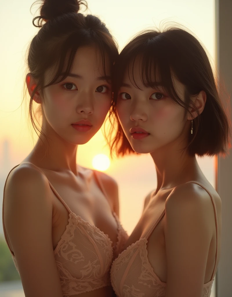 (Highest quality, 8k, 32K, masterpiece, Ultra-high resolution:1.2),Beautiful Japanese Women Photos, Big , Very short bob hair,Upper Body,underwear, looking at the camera,Lying on your back、bed (((nude1,3))) squatting 