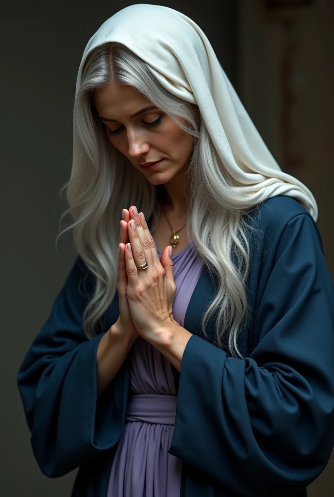 Realistic photo of woman with long white hair, from age to 45 years,wearing a dark blue and lilac long-sleeved flowing dress,wearing a cloth on her head covering her hair smiling praying