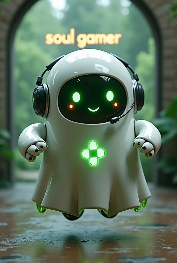 Create a medium-sized robot pet with a ghost-like appearance. Resembling a drop. On his hands he has five well-defined fingers. His facial expression has large, green eyes with a glow, conveying a friendly and cheerful expression. He has a small open mouth with a happy smile and flushed cheeks.. Its body is white with small green details and a smooth, slightly shiny texture.. He has a headset on his head with an adjustable microphone positioned close to his mouth.. And on his chest you can see the illuminated shape of a Playstation 5 controller in fluorescent green.. It floats in the air, as if he were ready for an adventure. Behind the character you can see a portal where it is written "Soul Gamer"