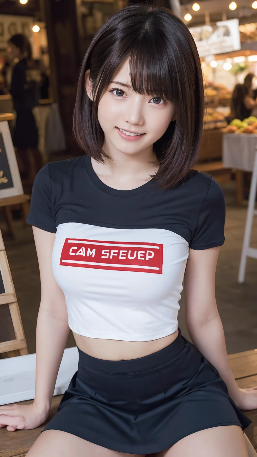 beautiful girl, (Cropped logo T-shirt:1.3, low-rise skirt:1.3), (****:1.3), break, (farmers market:1.2), break, Shy laugh, Very beautiful eyes, (Symmetrical eyes:1.3), break, (D cup Breasts:1.2), Brown eyes, Parted bangs, Brown plait hair:1.3, Round face, cute, break, (Eye and facial details:1.0), Spread your legs:1.3, Shooting from below, Pussy Line, Camel Toe, Looking into the camera, masterpiece, Highest quality, RAW Photos, Realistic, Cute people, Written boundary depth, High resolution, Very detailedな, In detail, Very detailed, Very detailed, Sharp pupils, Cinema Lighting