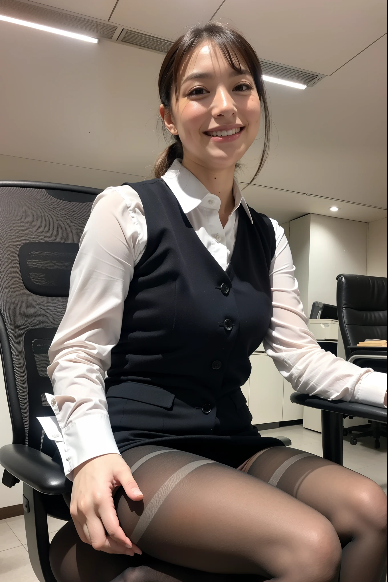 8k, RAW Portrait, (Japanese Mature, alone), masterpiece、Realistic:1.2、Realistic, Ultra-high resolution, Highest quality, Real Life Photos ,( in the evening :1.1), ((((1 female:1.5)))), (((One girls showing off their panties オフィスで)))、(Cute Face:1.3)、Japanese women, alone, ((At work, Sit in a business chair:1.3)), ((office lady))、((本物のoffice lady)), ((business art:1.6)), ((White business shirt:1.7, black business vest:1.7, Black mini skirt:1.7, Thin black realistic pantyhose:1.7)), break, Slender body, Shoulder-length straight hair, In the room, big, beautiful, beautiful目, Brown Hair, (Written boundary depth:1.3)、 ((Dark brown eyes:1.2))、(Realistic skin texture:1.3), (audience:1.4), ((Embarrassed look:1.4)), ((Red cheeks:1.3)), break, ((At work, Sit in a business chair:1.3)), ((Open your knees wide from side to side:1.3)), ((Ceiling seen from below:1.2)), break,((Panty shot:1.8)), ((A woman rolling up her skirt:1.8)), ((Sit on a chair with your legs spread wide:2.0)), ((Front image:1.6, 体をaudienceに向ける:1.6, audienceと向き合う:1.6))((Shooting from below:1.8, Ceiling seen from below:1.8)), ((Crotch close-up:1.52)), ((Pictures that emphasize pussy)), ((she&#39;she&#39;She&#39;s wearing tiny white silk panties:1.7, Panties are visible under the pantyhose, Reduced panty fabric area:2.0)), (labia majora:1.5), the most beautiful woman in the world、the most beautiful woman in the world, (Front image:2.0, audienceに体を向ける:2.0, audienceに顔を向ける:1.3)