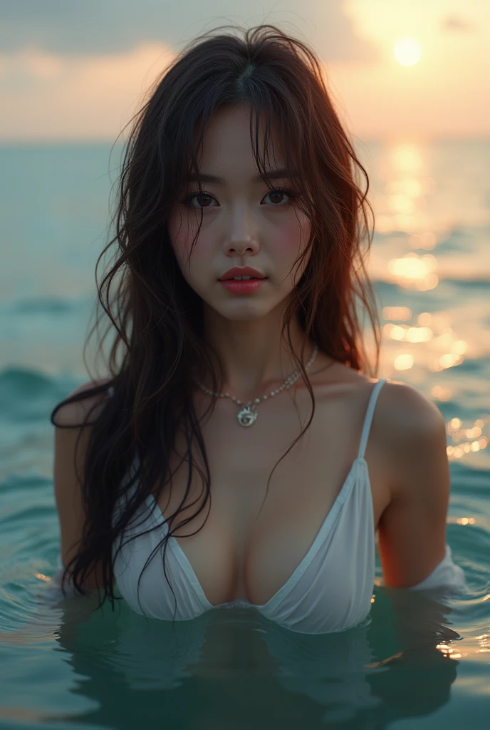 A beautiful woman at dusk in the sea、Asian、Half face、Half Japanese, half Western、Beautiful、whole body、Long Hair、Brown Hair、Gal、Soaked clothes and body、Blonde、A sharp face、Very high nose、Big Eyes、Smiling mouth、False eyelashes、