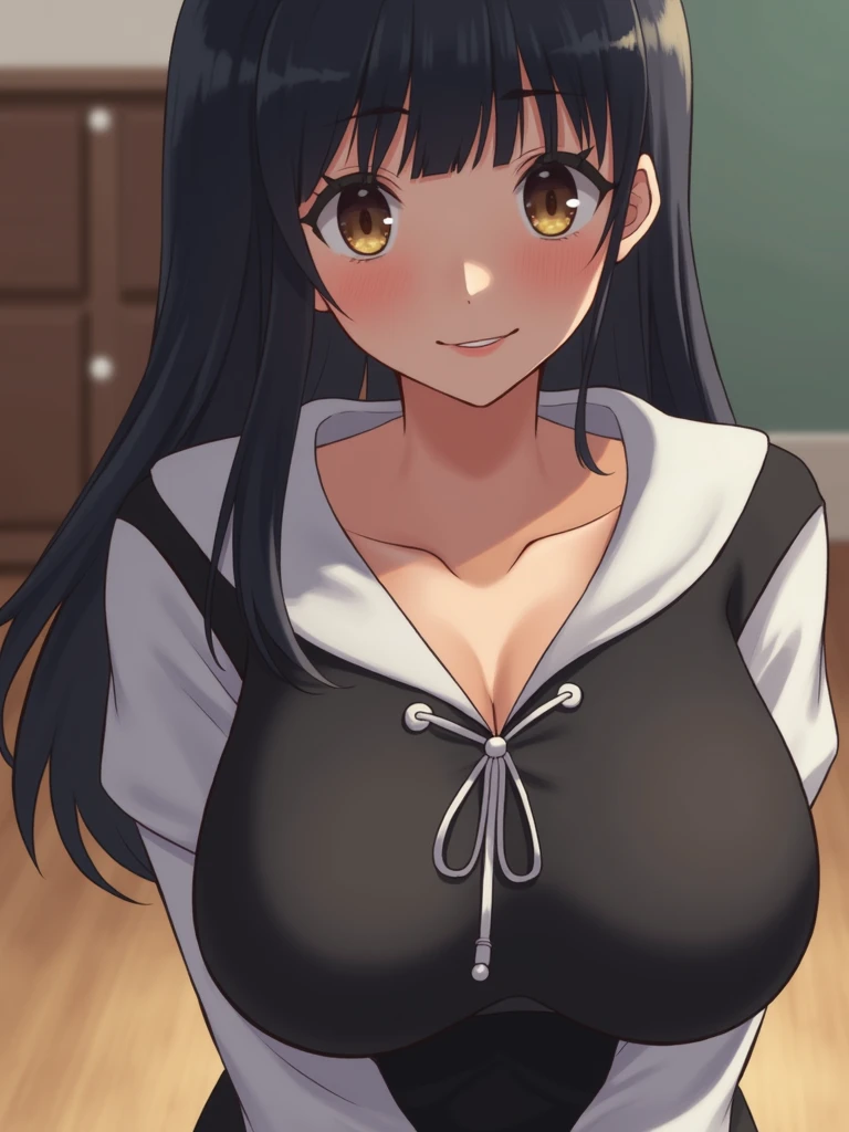 (超High resolution,4K,Very detailed, photograph, 8k, High resolution, High resolution, Absurd:1.2),Japanese ,Long black hair,Blunt bangs,Beautiful character design,Beautifully detailed eye depiction,Perfect Face,Expressive eyes,Brown eyes,Smiling with teeth showing,(Huge breasts:1.4),(Deep Valley:1.4),(Tight waist:1.1),In the living room,Daytime,Bold Pose,Cowboy Shot