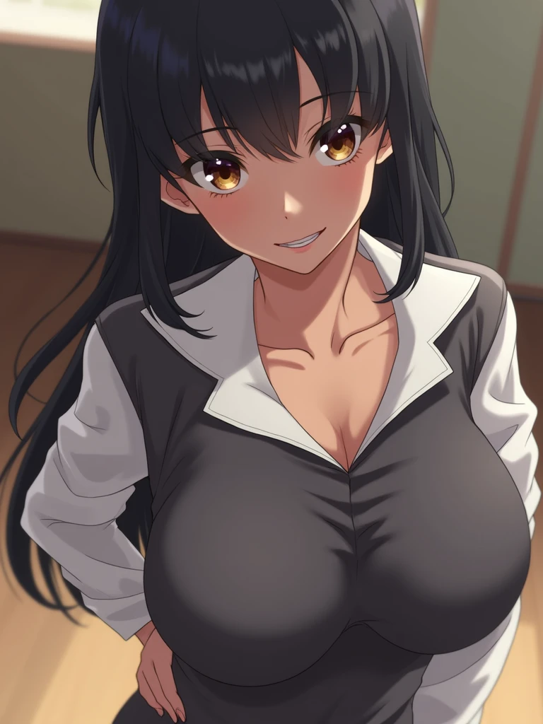 Taimanin Asagi、Asagi Igawa、Black Hair、Green Eyes、Long Hair、Huge breasts、high school student、smile、School、classroom、skirt、Open neck