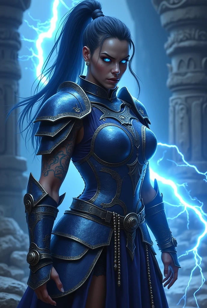 Aletta Ocean, angry evil beautiful and muscular, Nordic female, towering storm Giantess with blue black hair in a ponytail, older and mature woman, throwing a lightning ball, celtic glowing tattoos, wearing nordic steel runic plate mail Armour , temple cave background with lightning storm, glowing blue eyes, square jaw, powerful and imposing, winter clothing, pale blue purple skin, ((full plate celtic dragon armour)), nordic tattoos, fit bodybuilder, facing the camera , ultra detailed, looking outraged