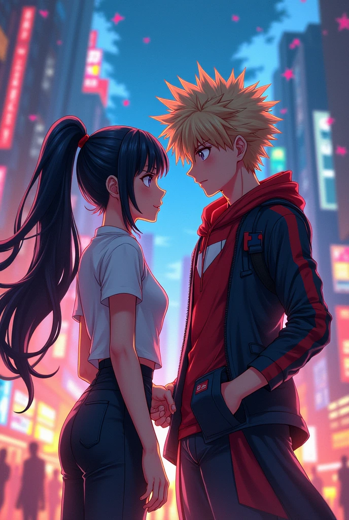 anime girl with black hair tied in a ponytail and Bakugo Katsuki in anime boku no hero academia