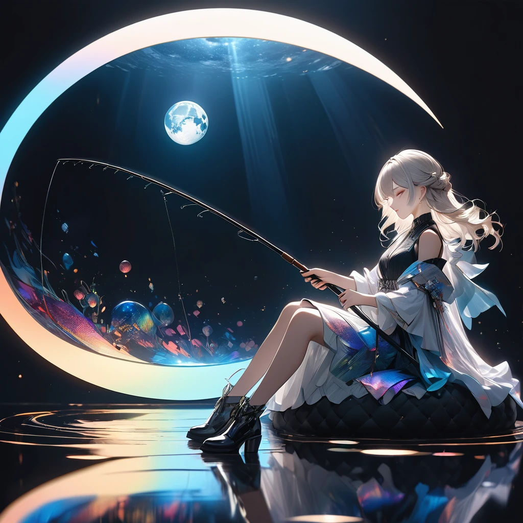 a charming girl sitting on a crescent moon, 1 person, holding a fishing rod with an extremely fine line extending straight down, at the end of which is an aesthetic earth, transparent and aesthetically illuminated from within, ultra-detailed, masterpiece, luxurious minimalism, majestic and simple composition, ultimate quality, artistic design, dark pop fantasy, holographic reflection, seamlessly blending moon, refined aesthetics
