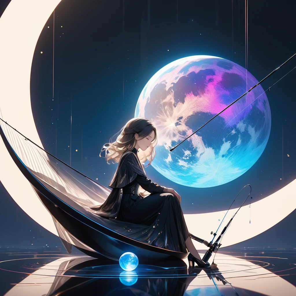 a charming girl sitting on a crescent moon, 1 person, holding a fishing rod with an extremely fine line extending straight down, at the end of which is an aesthetic earth, transparent and aesthetically illuminated from within, ultra-detailed, masterpiece, luxurious minimalism, majestic and simple composition, ultimate quality, artistic design, dark pop fantasy, holographic reflection, seamlessly blending moon, refined aesthetics