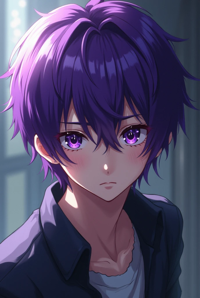 Anime character with purple hair, male and with wet face
