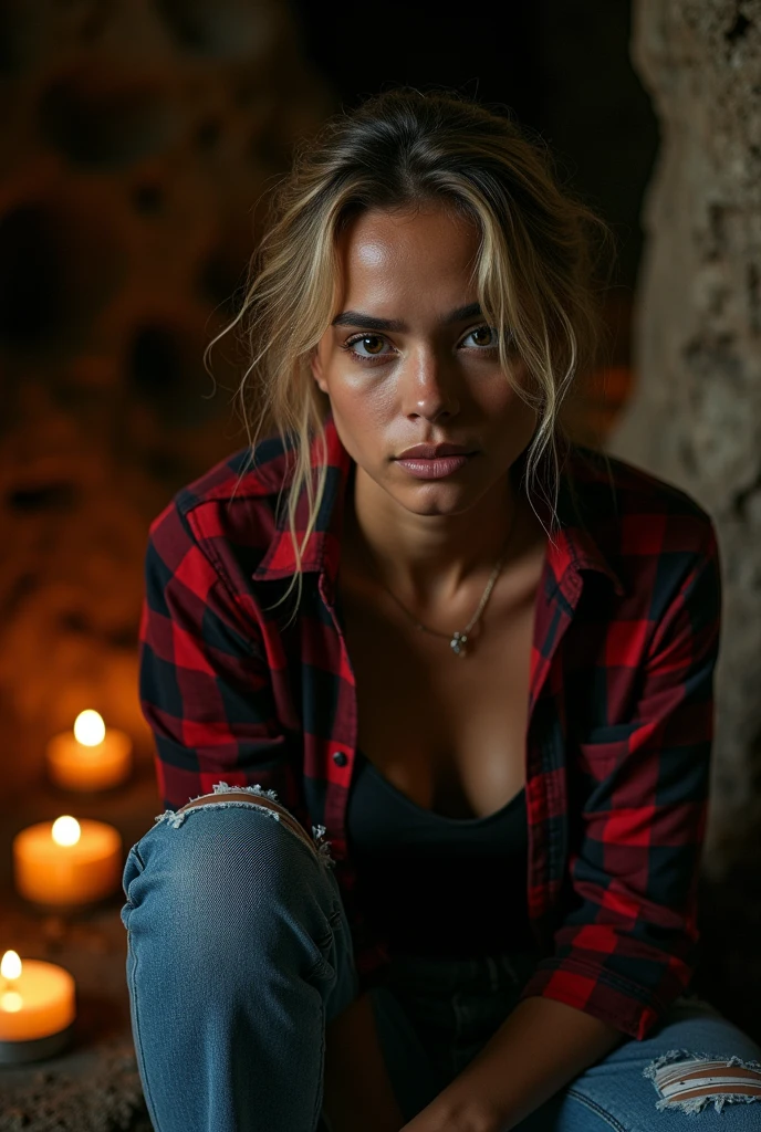 Photographie d&#39;une femme latina, (expression faciale troublée), peau texturée, chair de poule, cheveux afro blonds, cheveux atacher, chemise en flanelle à carreaux avec un jean boyfriend vieilli, tir de cow-boy, grotte sombre et mystérieuse avec des formations rocheuses 
uniques et des merveilles cachées, yeux parfaits, (Aux chandelles, clair-obscur), Support 160 couleurs, tourné sur ARRI ALEXA 65, bokeh, mise au point nette sur le sujet, tourné par Don McCullin et