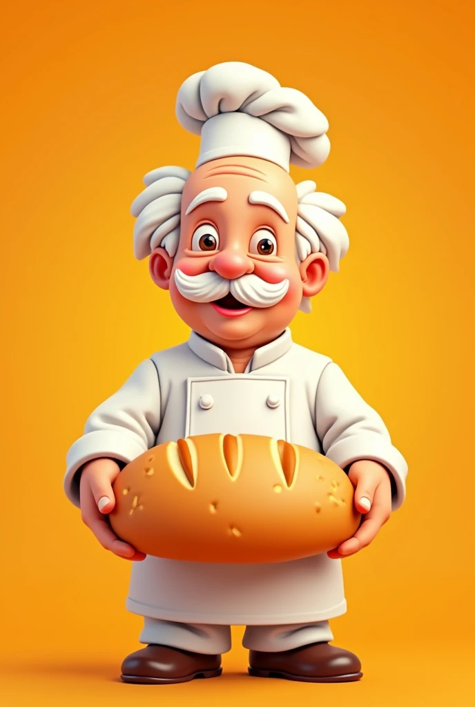Elderly white man with short afro-style hair in white,with small chef hat and white mustache , Without beard, looking straight ahead in cartoon style on an orange background offering a large loaf of bread