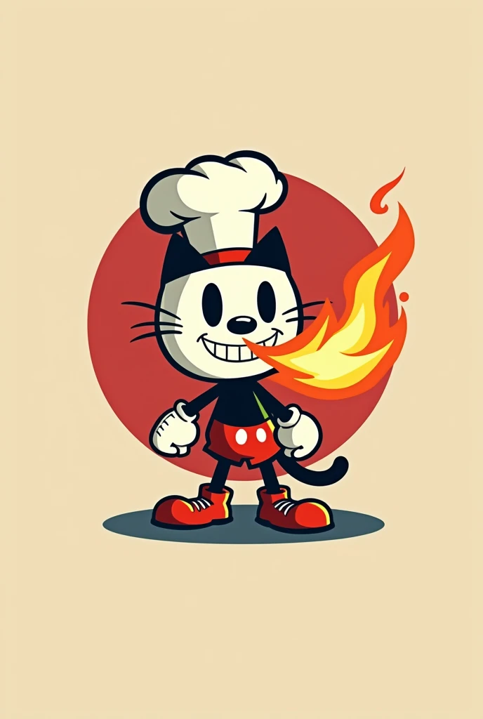 Cuphead style logo design but with less details of a lucky cat with chef hat who breathe fire with neutral background