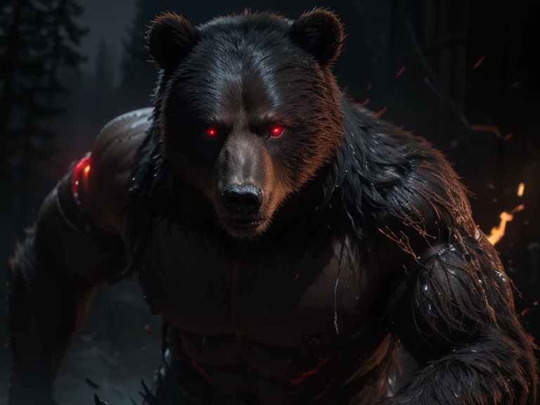 A demonic, powerful bear with glowing red eyes, shrouded in mist, a cursed supernatural entity, ultra-realistic 8K CGI, raw photograph, masterpiece, high resolution vivid color photograph, professional photography, realistic, photorealistic, highest quality, cinematic lighting, strong rim lighting, midnight, post-apocalyptic
