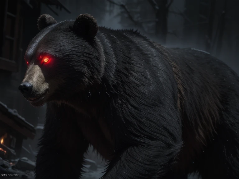Black bear with red eyes angry scary bear in horror movie style, scary bear, bear roaring, glowing red eyes