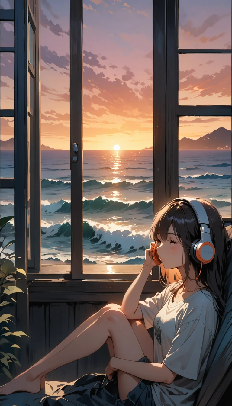 「A girl sitting by a window overlooking the sunset and waves。She puts on headphones、Wearing a T-shirt、Drinking coffee while feeling sleepy。The soft light of the setting sun gently illuminates her face、The shadows add a light accent to the cheeks.。Her eyes are half closed、With a gentle smile、It creates a relaxed atmosphere。Immersed in music、A pleasant breeze gently sways my hair、Outside the window, you can see the beautiful purple and orange gradation of the sunset and the waves.、Ghibli-style scenery spreads out before you。--ar 4:1」