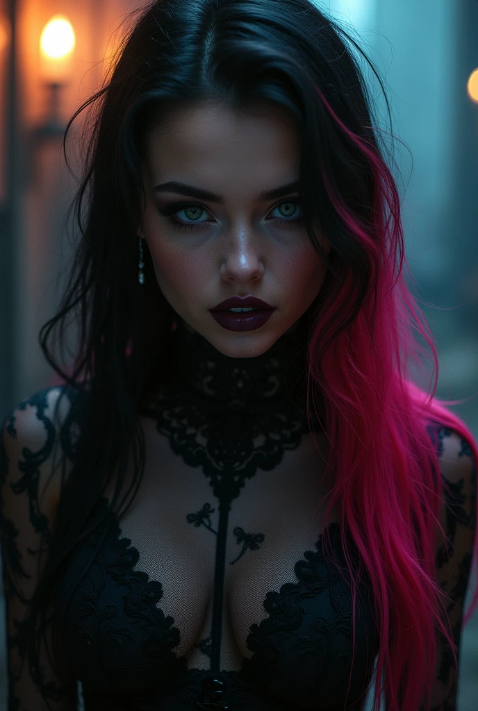 A 2 American girl captivates in an eerie, haunted mansion setting. Her long black hair with neon pink and blaze red highlights contrasts against the dark, Gothic interior. She wears a black lace bodysuit with intricate patterns and a high collar, paired with thigh-high leather boots. Her makeup is dramatic with deep violet eyeshadow and dark, vampy lipstick. The ambiance is chilling, with cobwebs and dim candlelight casting eerie shadows. The camera captures her in both hauntingly beautiful poses and dramatic close-ups, emphasizing her gothic allure and the sinister setting. , 2 girls