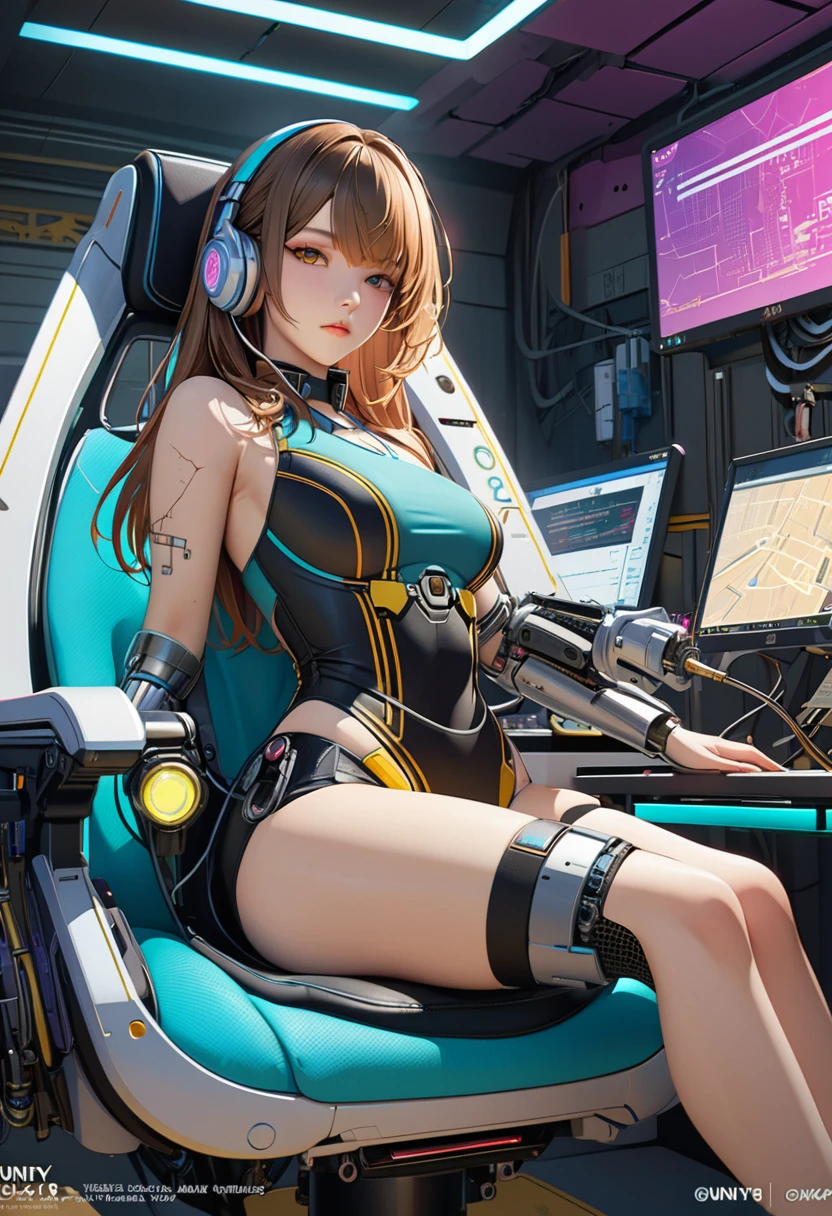 ((masterpiece, Highest quality, Extremely detailed CG, unity 8k wallpaper )),(masterpiece, Highest quality, Highest quality, Official Art, beautiful,aesthetic:1.2)Cyborg Girl, Sitting in a machine chair, The tube is stretched, cyber punk, Cracked skin,Hydraulic cylinder,Servomotor,Manipulator,Colorful light,neon,headphone,Prosthetic arm,sf,Ball joints,Clean and spacious laboratory