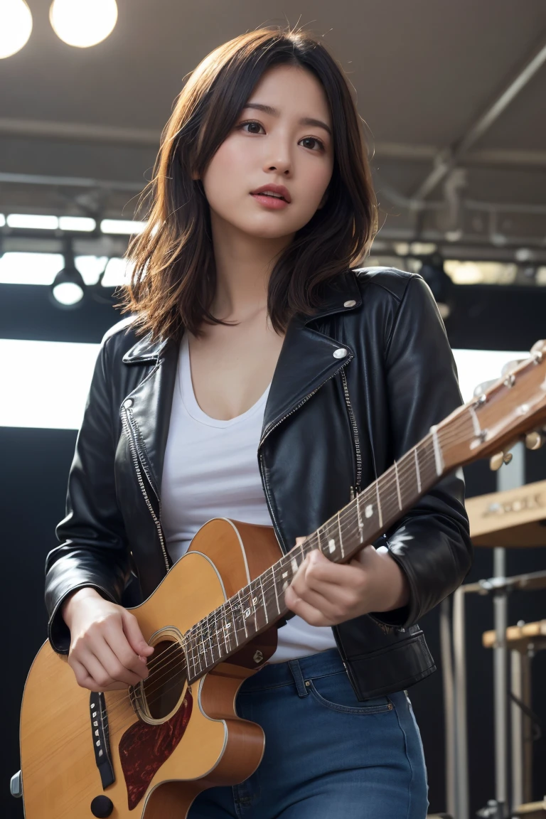 ((Wearing a leather jacket and ripped jeans)),((sing passionately on stage)),((While playing the guitar)). The crowd cheers、Stage lights flashing, masterpiece, Highest quality, 8k, 1 person, 20th Generation, Open your mouth a little, A blank look, close, alone, Brown eyes、Delicate, Pure beauty, RAW Photos, Professional photography, Portraiture, Soft Light, Professional Lighting, Backlight, I look forward to seeing you, Sophisticated, Film Grain, (Eye and facial details:1.0), (Medium Hair:1.4, Blonde:1.3)、((Show your amount))、((Part my hair in the middle))、(美しいBlonde)、((Open your mouth a little))、((Sad expression))、((Worried look))、((On the roof of an abandoned building))、Very beautiful Japan female idol、(Genuine,Genuineistic:1.4)、Very delicate and beautiful、Very detailed、Soft Light、Beautiful detailed、Beautiful Eyes、Cinema Lighting、(Medium Hair)、(Bob)、Complete Anatomy、Slender body、Small breasts、Tilt your head、Model body type、 Ultra detailed face,、Seductive smile、cute、White skin、Fair skinの美しい肌、Brown eyes、Beautiful symmetrical face、Small face、Age 25、Beautiful small breasts、Genuineの人間の皮膚、Perfect figure、Perfect anatomical figure、whole body写真、Detailed and realistic human body、Detailed and realistic skin、Realistic face in every detail、Detailed and realistic eyes、Detailed and realistic lips、Detailed and realistic teeth、Detailed and realistic ears、Detailed and realistic hair、Beautiful Hands、Realistic feet down to the last detail、Realistic breasts down to the last detail、Realistic areola down to the last detail、Realistic nipples down to the last detail、Realistic female genitalia down to the smallest detail、Realistic vagina down to the last detail、Detailed and realistic clitoris、Realistic anus down to the last detail、細部までリアルなThick pubic hair、whole body、whole body白肌、Fair skin、Pubic hair is thick、Thick pubic hair、 Completely naked、urination、Pleasant expression、Blushing cheeks and an ecstatic expression, Leaking urine、A sex toy is inserted into the anus、Open your mouth a little、