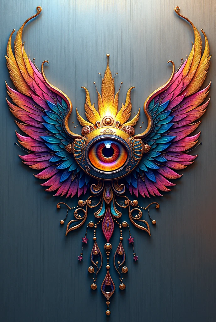 Winged eye of custom culture with Happy Airbrush Day letters with metal plate background

