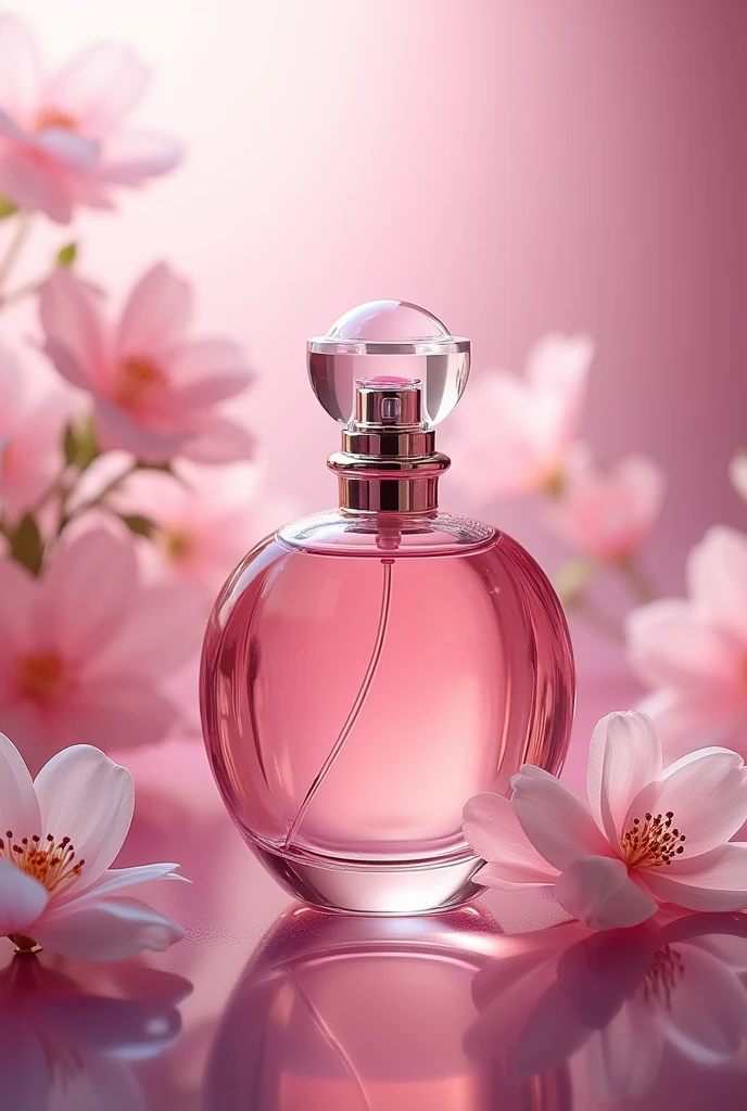 Create me a poster of a attractive and beautiful perfume bottle without name on it for launching new perfume in the market. The background needs to be muave pink and muave floral which expresses a intense yet girly scent