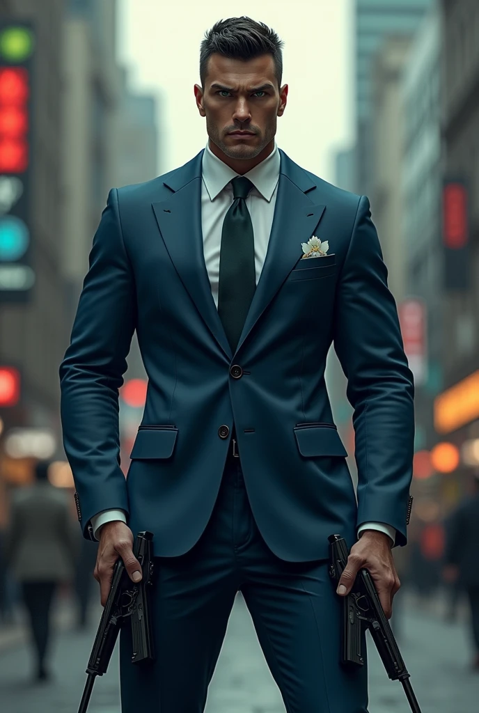 Create a mystery cop, de 1,90 meters, strong and slender, like an MMA fighter, with short black hair, upset, deep dark green eyes, with a suit fitted to the body, holster with two guns under the blue suit.