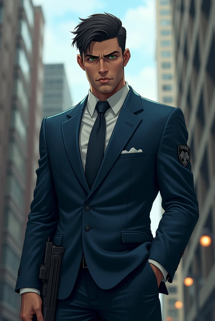 Create a mystery cop, de 1,90 meters, strong and slender, like an MMA fighter, with short black hair, upset, deep dark green eyes, with a suit fitted to the body, holster with two guns under the blue suit.