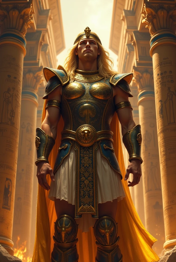 Rich blond ancient Egyptian pharaoh in armor