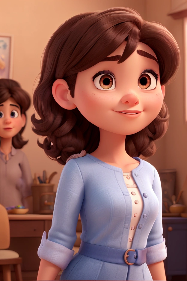 A beautiful woman inspired by Disney Pixar animation, up close. The character is the center of attention with captivating facial expressions. He has short, dark brown eyes and hair.. normal clothes.