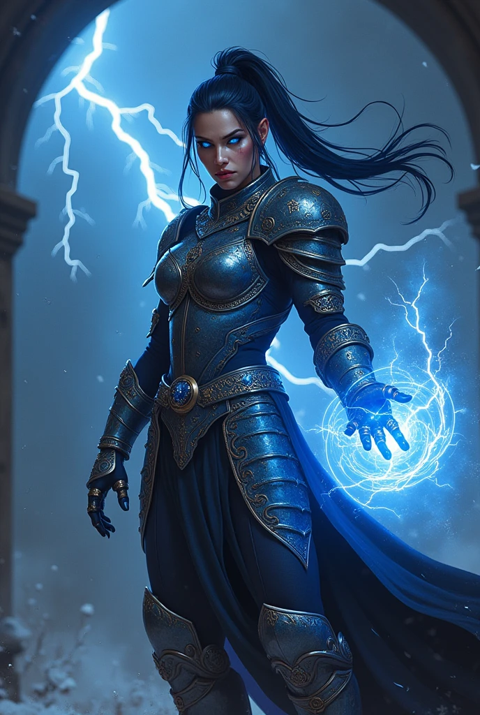 Aletta Ocean, angry evil beautiful and muscular, Nordic female, towering storm Giantess with blue black hair in a ponytail, older and mature woman, throwing a lightning ball, celtic glowing tattoos, wearing nordic steel runic plate mail Armour , temple cave background with lightning storm, glowing blue eyes, square jaw, powerful and imposing, winter clothing, pale blue purple skin, ((full plate celtic dragon armour)), nordic tattoos, fit bodybuilder, facing the camera , ultra detailed, looking outraged