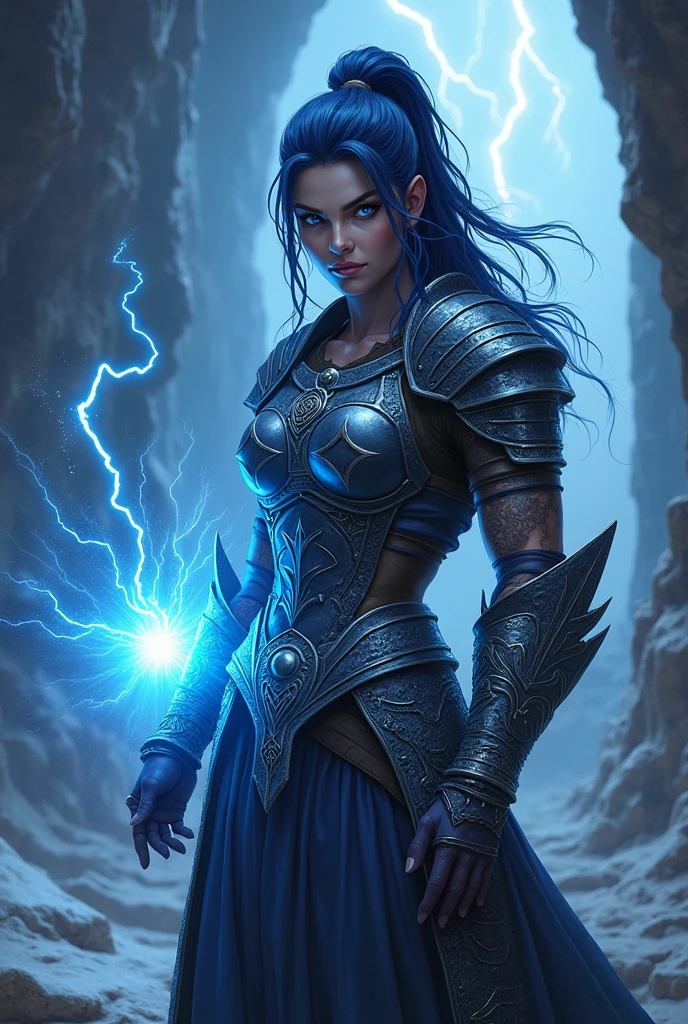 Aletta Ocean, angry evil beautiful and muscular, Nordic female, towering storm Giantess with blue black hair in a ponytail, older and mature woman, throwing a lightning ball, celtic glowing tattoos, wearing nordic steel runic plate mail Armour , temple cave background with lightning storm, glowing blue eyes, square jaw, powerful and imposing, winter clothing, pale blue purple skin, ((full plate celtic dragon armour)), nordic tattoos, fit bodybuilder, facing the camera , ultra detailed, looking outraged