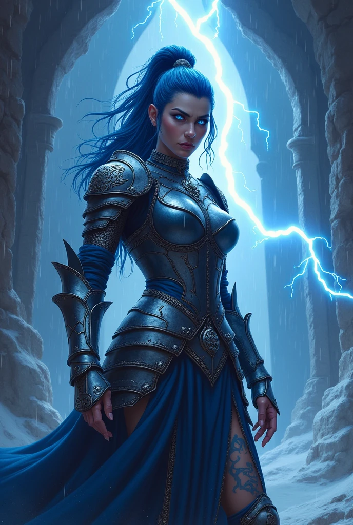 Aletta Ocean, angry evil beautiful and muscular, Nordic female, towering storm Giantess with blue black hair in a ponytail, older and mature woman, throwing a lightning ball, celtic glowing tattoos, wearing nordic steel runic plate mail Armour , temple cave background with lightning storm, glowing blue eyes, square jaw, powerful and imposing, winter clothing, pale blue purple skin, ((full plate celtic dragon armour)), nordic tattoos, fit bodybuilder, facing the camera , ultra detailed, looking outraged
