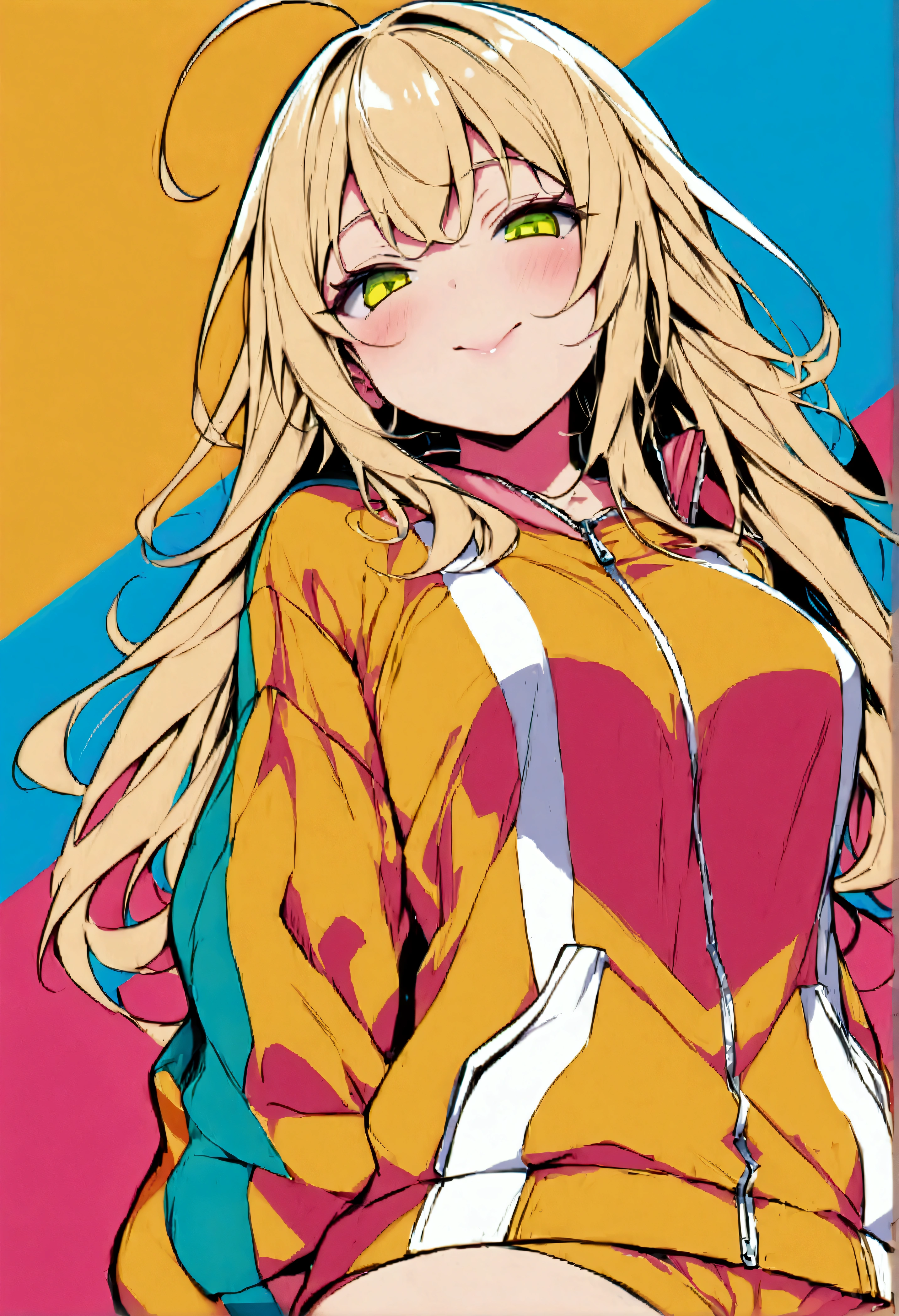 Gal Character、Dutch Angle、One person、Dynamic Angle、;p、(Grin:0.6)、Slanted Eyes、(Tracksuits、Jersey:1.05)、oversize clothes、Shorts、(Partially opened zipper:0.75)、flower、Blonde、Ahoge、HDR、(cute)、[(vivit color background:1.4)::0.1]、(Bold color background:1.4)、(An illustration、Unbelievably absurd:1.05)、Super detailed、(masterpiece、Highest quality:1.4)、[::0.5]、[::0.5]、