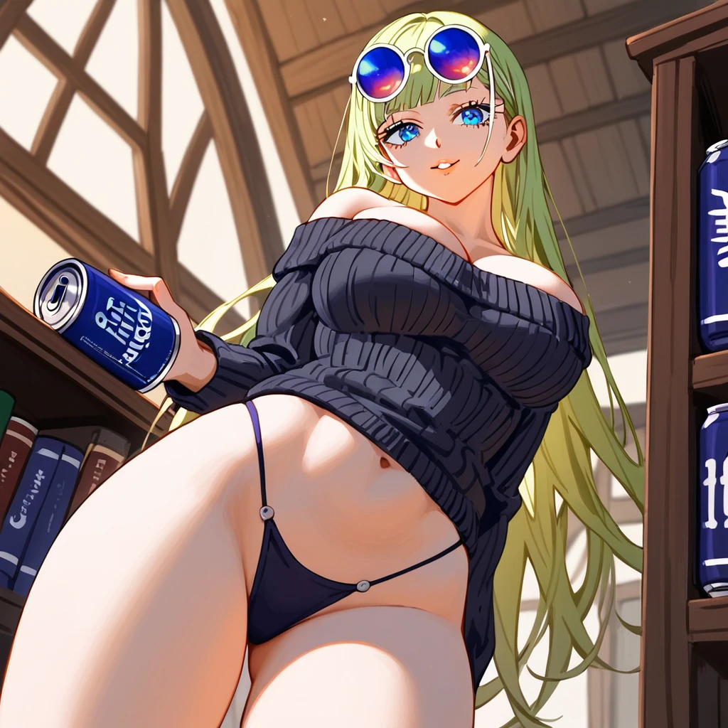 1girl, female gojo satoru, anime screencap from jujutsu kaisen, gojo satoru female version, solo, very long_hair, ((The hair is styled with part of it pulled back and the rest cascading down her back)) Blue eyes, ((white eyelashes)), ((very long white_hair)), night view, breasts, upper_body, smile, indoors, book, bangs, Blue_eyes, lips, (wearing round sunglasses) wearing black color sweater off the shoulder, breast, "very detailed and high resolution" (Blue eyes) ((smooth texture hair)) ((solo)) ((high resolution)) ((cowboy shot)) (Good quality) cleavage,((front view))Breasts seen from the bottom perspective of the butt from behind big pose Simplis beautiful sexy woman with long straight hair light effect wearing black thong bikini big curves thong bikini marked on the black pants simple sitting breasts alerting the wall muscular smiling face smiling look(( Additional Detail:forma: Eye shapes vary greatly, but generally have rounded and curvilinear contours. This softness contributes to the overall aesthetic of "cuteness" and youth often associated with anime. Iris: The colors of the iris are vibrant and varied, ranging from natural tones like brown and blue to fantasy colors like pink, green and purple. This variety contributes to the creation of visually appealing and distinct characters.. sheen: Anime eyes often have a glow or reflection of light., which gives them a vivid and dynamic appearance. This glow can be used to highlight the character's emotion or to draw attention to a specific point in the scene..)) ((up to the knees..))
