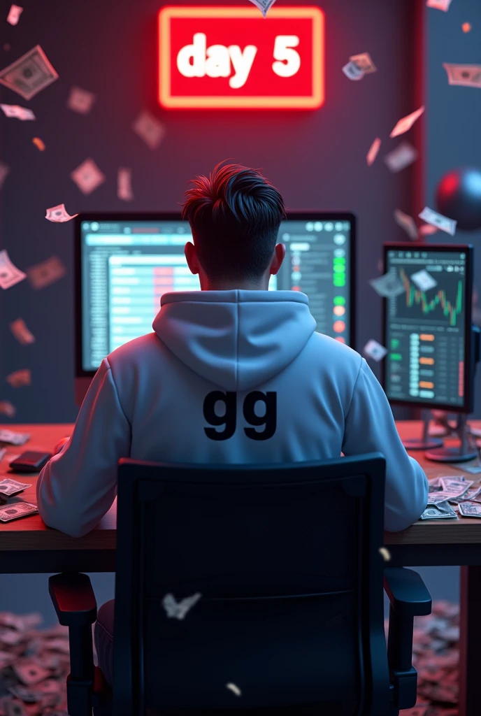 Create a 3d image of a man sitting in trading room on money and working on trading application on his pc the boy face not visible must white hoodie and his name "GG" written on the hoodie. Pic from back side pc monitor visible. And wall up side corner "Day 5" written on red neon light. Imege size 9:16 hd