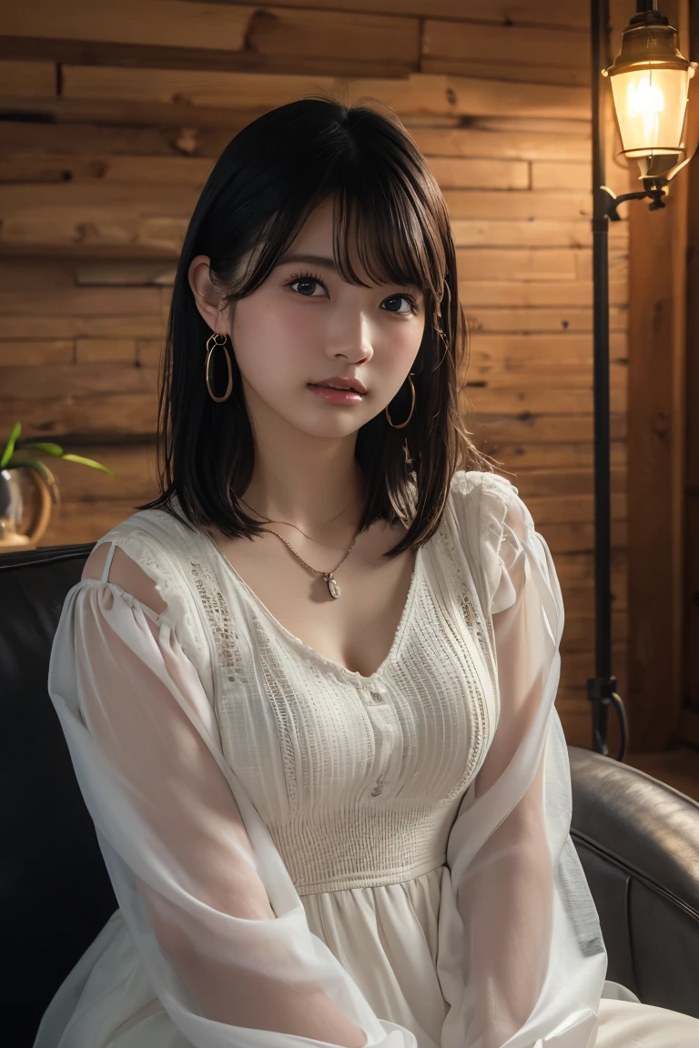 (Highest quality:1.4),(masterpiece:1.4),(Realistic:1.4),(Realistic:1.2),(超High resolution, RAW Photos:1.4),(High resolution, Ultra-detailed:1.2),(8k:1.2),View your viewers,Cinematic photography,One person,skeletally correct,Black-haired woman,Woman in her early 20s,(Small earrings,necklace,Brown dress with voluminous sleeves),(Western-style building interior,Dimly lit room,The lamplight shines on my cheeks,Sit on the sofa)