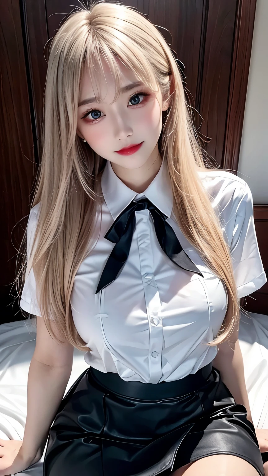 Smile、photorealisim、top-quality、超A high resolution、a picture、Photos of very beautiful Nordic-born girls、Extraordinarily beautiful girl、Detailed cute and beautiful happy face、(pureerosface_v1:0.008)、Beautiful bangs、alice in the wonderland、12year old、Glowing white shiny skin、Bangs that extend to the face、Bangs between the eyes、length hair、Attractive bright natural platinum blonde silky hair、Cute hairstyles、finer hair、thin-waist、High-definition eyes、Beautiful, Bright and clear、Big light blue eyes shine charmingly、Uniform Uniform、Random Color Plaid Pleated Skirt、(skirt rift)、eye liner、Double eyelids、Lush medium semi-nude bust、clevage、Perfect beautiful young body、Perfectly proportioned body、Bedrooms、sit on a bed、sit in