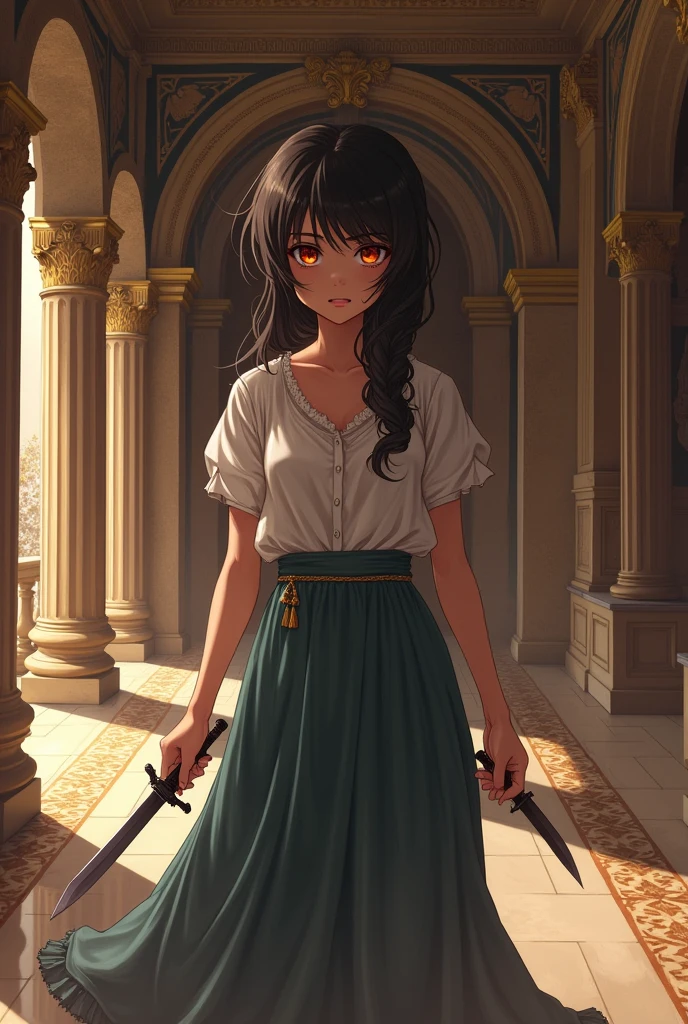 image of an ancient Greek servant girl holding a dagger, and with a look of hatred on his face, she is in a greek palace, (((anime styling)))