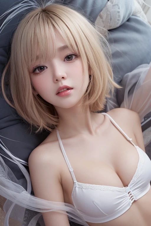 ((Highest quality)), ((masterpiece)), (detailed), A large amount:1.2),extremely detailed cute anime face, (((Flat Chest))), (Flat Chest:1.1),((((Short Bob Hair)))),Complex eyes,beautiful detailed eyes,Symmetrical eyes,(((detailed face))),beautiful detailed lips, If you look at this, (((Embarrassing))),(emotional expression),(My heart is pounding with anticipation.), A translucent white dress reveals her skin、String panties,Aboard