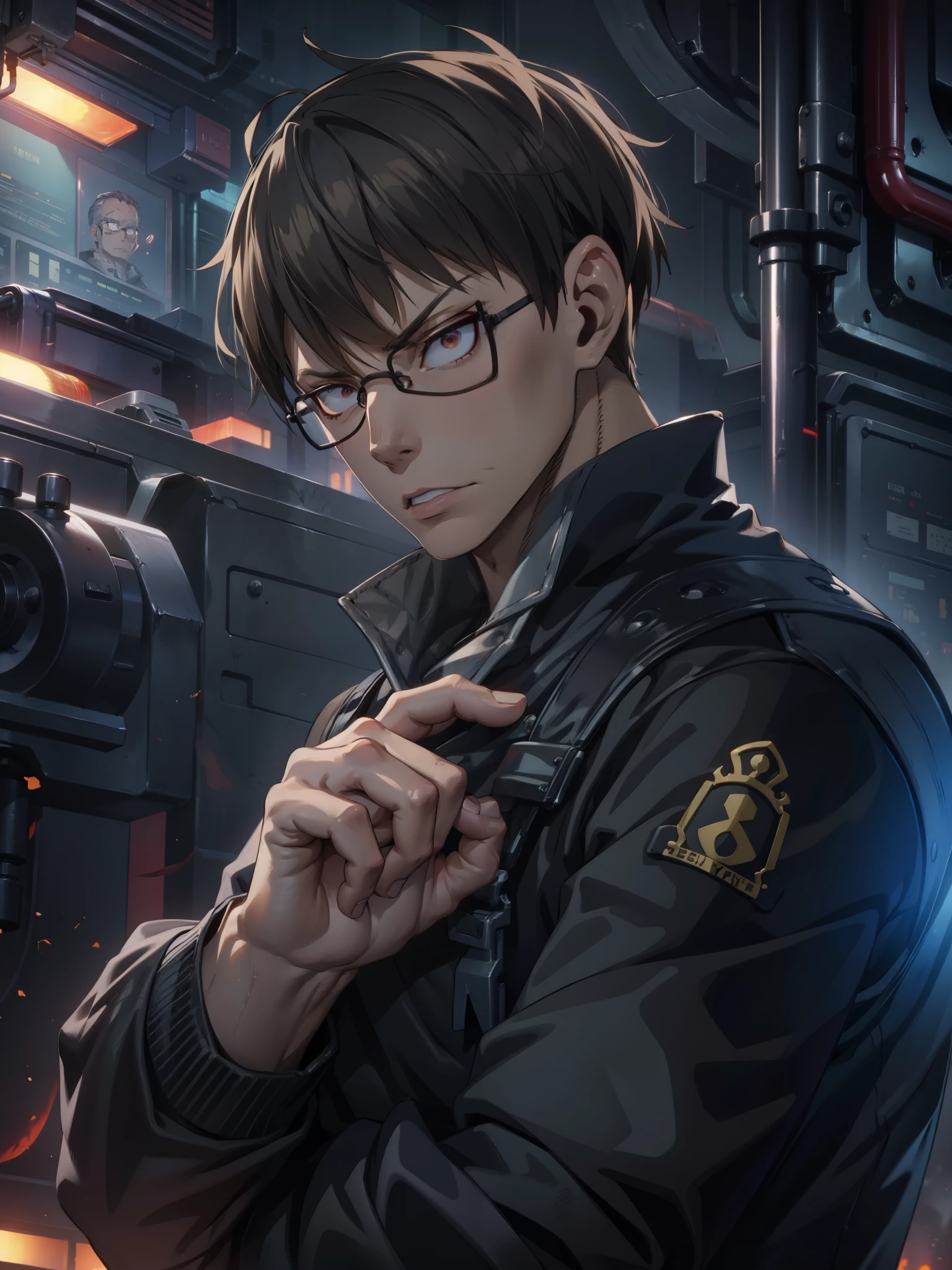 8k, Highly Detailed, Masterpiece, source_anime, best quality, beautifully detailed eyes and beautifully detailed hair, 1man, solo, young man with short brown hair and light skin, The character is wearing rectangular black glasses and has brown eyes, He has a serious expression with sharp, angular facial features, including prominent cheekbones and a defined jawline, He is dressed in a black shirt, The man is holding a hand near his face, with a serious expression and looking slightly to the side. The background consists of a grid wall with various firearms mounted on it, illuminated by a blue light. The overall scene has a serious and intense atmosphere, with a focus on the character's contemplative demeanor and the detailed background elements, the character is a member of the fire brigade