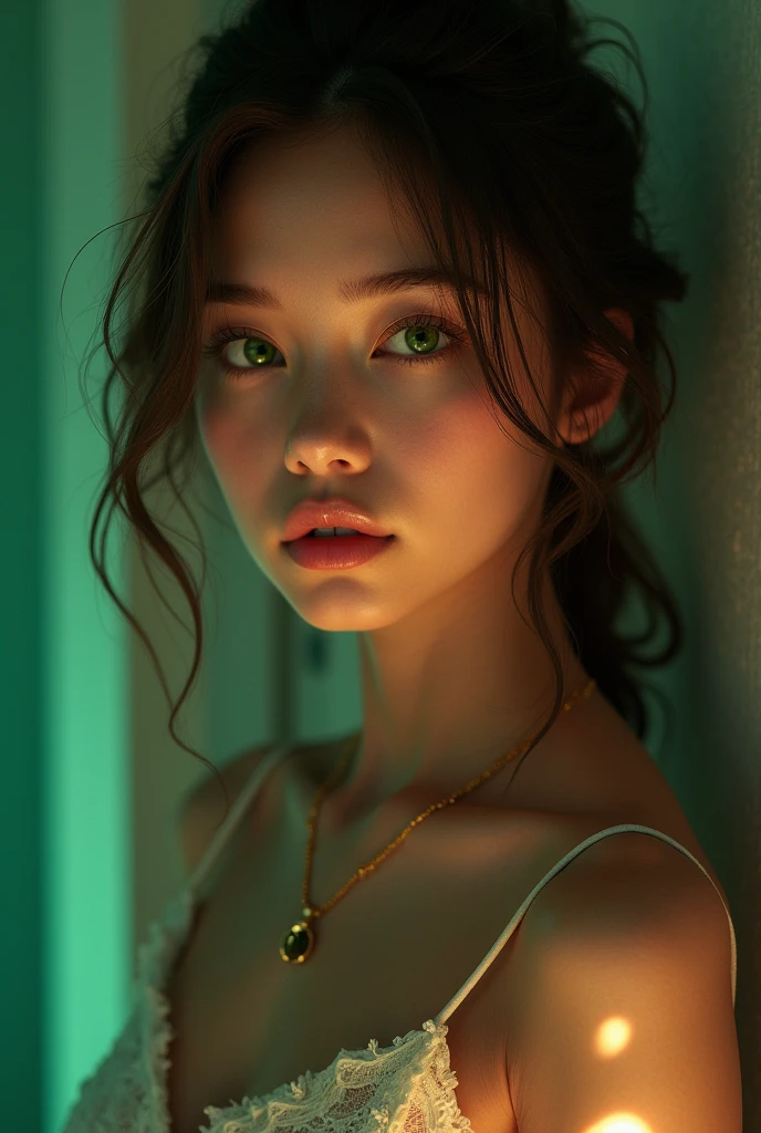 best qualityer, work of art, ultra-high resolution, (Realisticity: 1.4), OriginalPhoto, 1 girl, greeneyes, off the shoulders, cinematic lighting