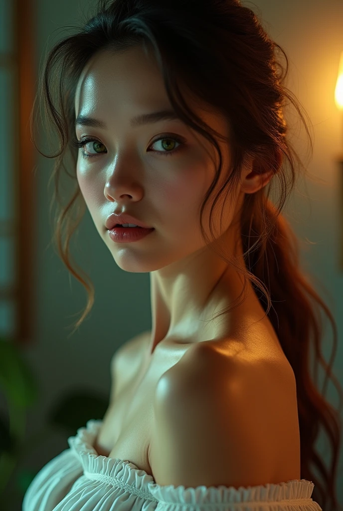 best qualityer, work of art, ultra-high resolution, (Realisticity: 1.4), OriginalPhoto, 1 girl, greeneyes, off the shoulders, cinematic lighting