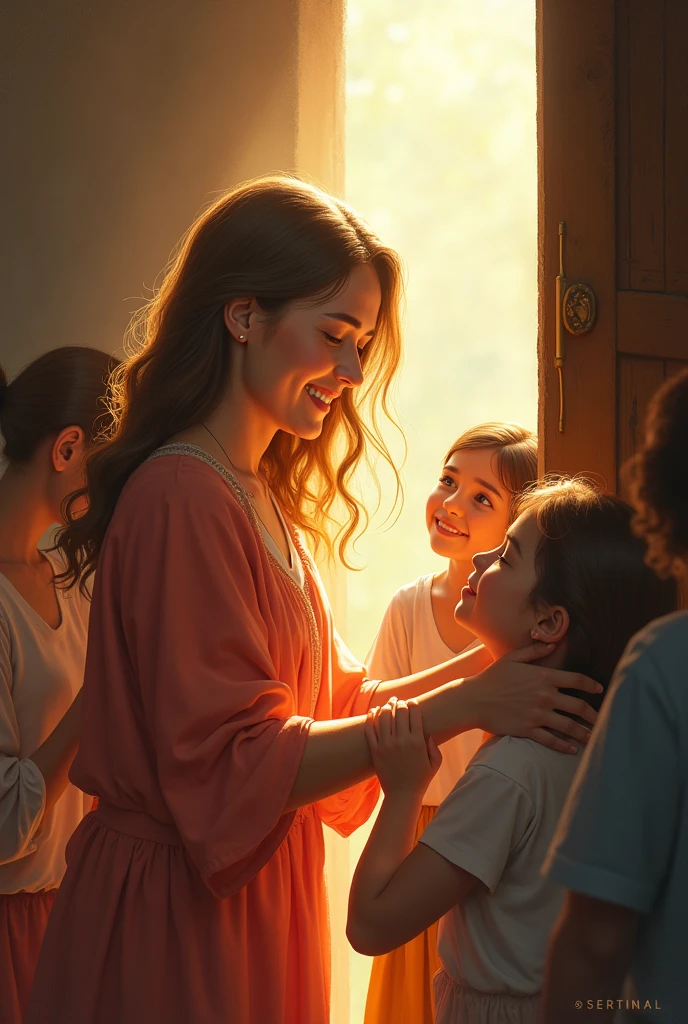 a scenario where Our Lady, with a radiant smile and a heart full of compassion, is helping a group of people in need. Describe how She approaches each one, offering comfort, support and consolation. Show how Your presence lights up the room and deeply touches those around You. Portray the genuine joy on Her face as She shares words of encouragement and performs small acts of kindness. How Our Lady's presence inspires and transforms the lives of those she helps? Explore the impact of His assistance and the feeling of gratitude that spreads among people.