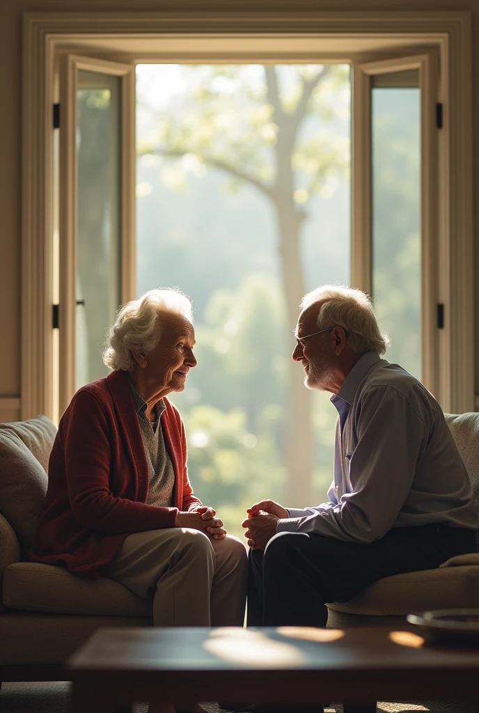 Two older adults sitting talking in a room where everything can be seen 